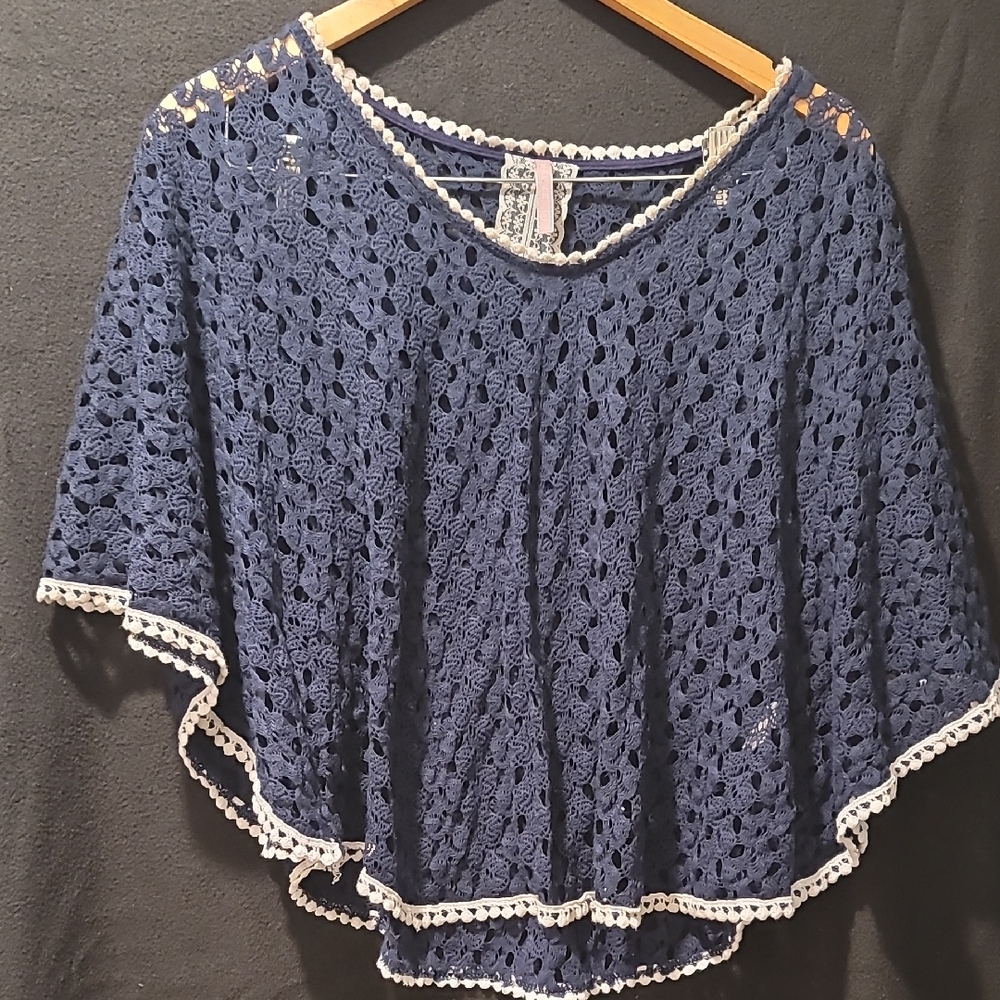 Mauve Navy Blue Crochet Blouse with White Trim